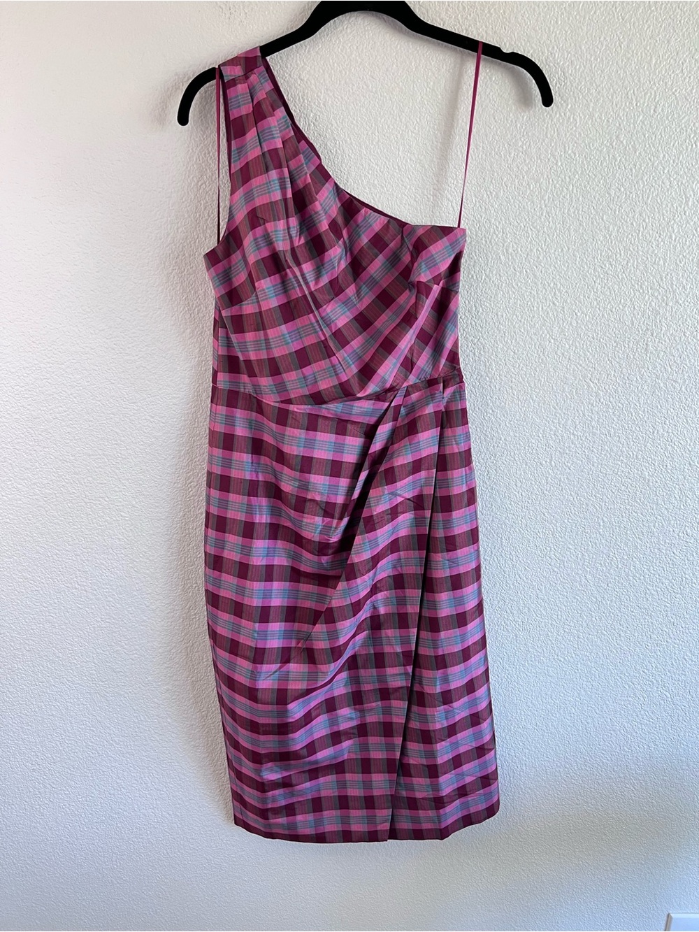 NWT J. Crew Ocho Women's One Shoulder Pink Sheath Wrap Silk Blend Plaid Dress